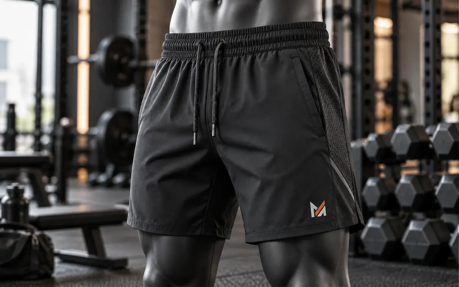 Black custom gym and training shorts displayed on a dark gray mannequin, featuring an elastic drawstring waistband, breathable perforated side panels, side pockets, and Mega Apparel logo in a modern fitness studio with dumbbells and workout equipment.